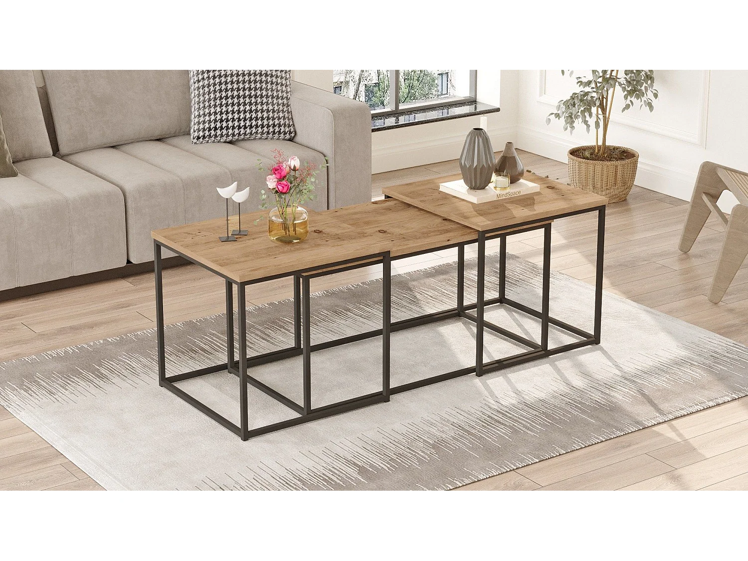 Lot de 3 tables basse en bois "VG9" - 90 x 45 x 44 cm - Pin Atlantique