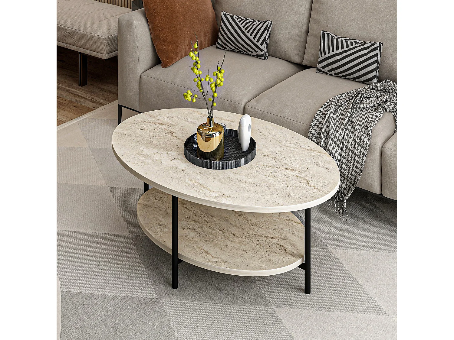 Table basse en bois "Elis" - 90 x 60 x 36 cm - Travertin