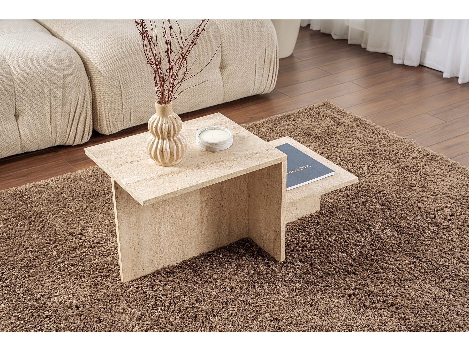 Table basse en bois "Harmony" - 80 x 40 x 40 cm - Travertin