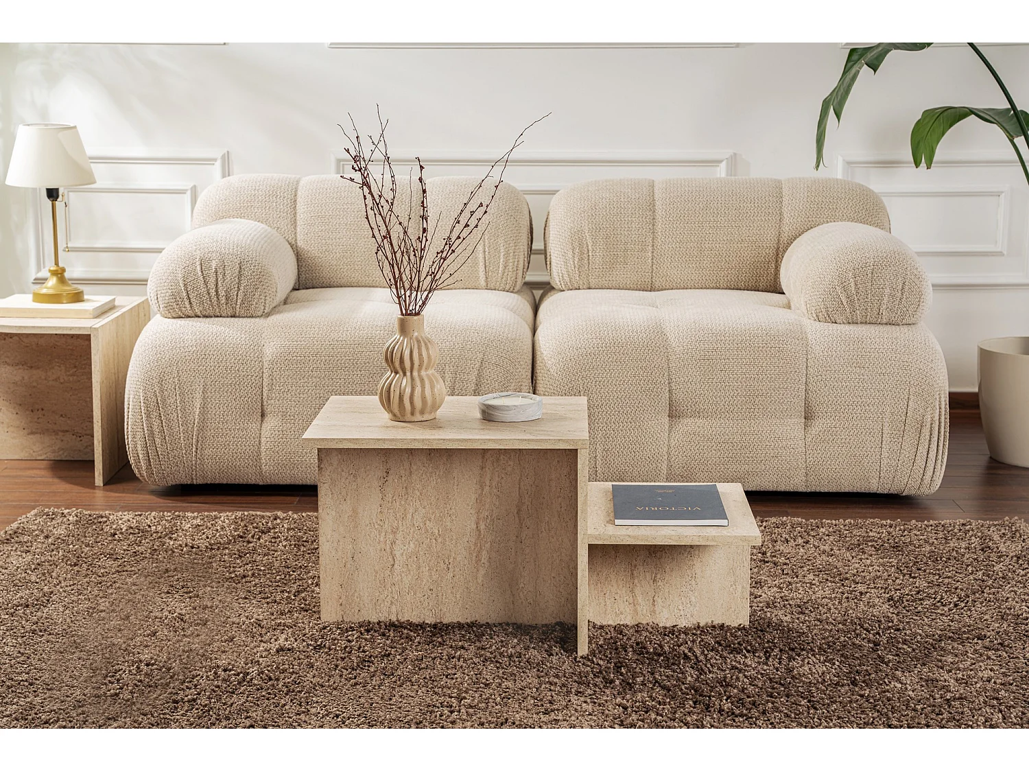 Table basse en bois "Harmony" - 80 x 40 x 40 cm - Travertin