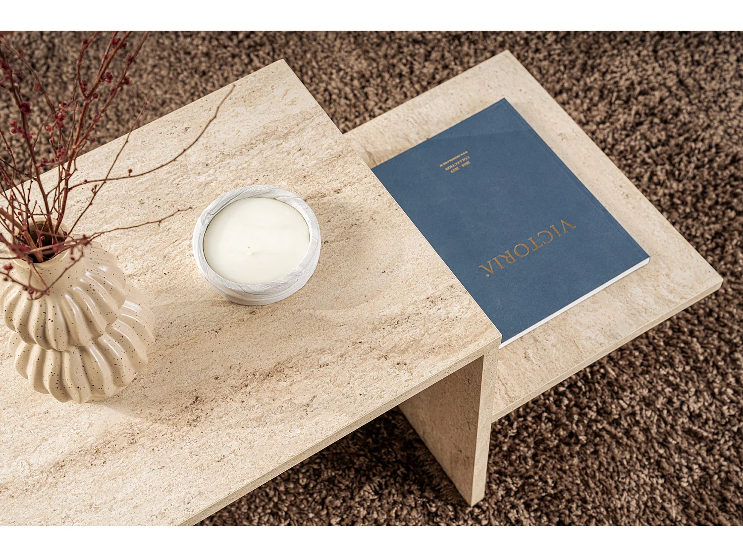 Table basse en bois "Harmony" - 80 x 40 x 40 cm - Travertin