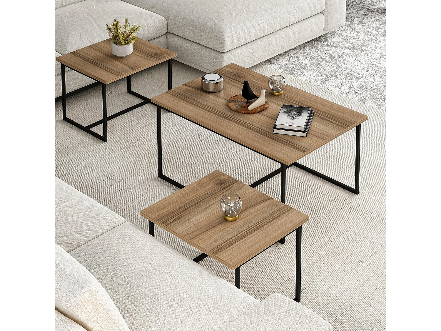 Table gigogne (3 pièces) en bois "Levada" - 90 x 60 x 42 cm - Noyer