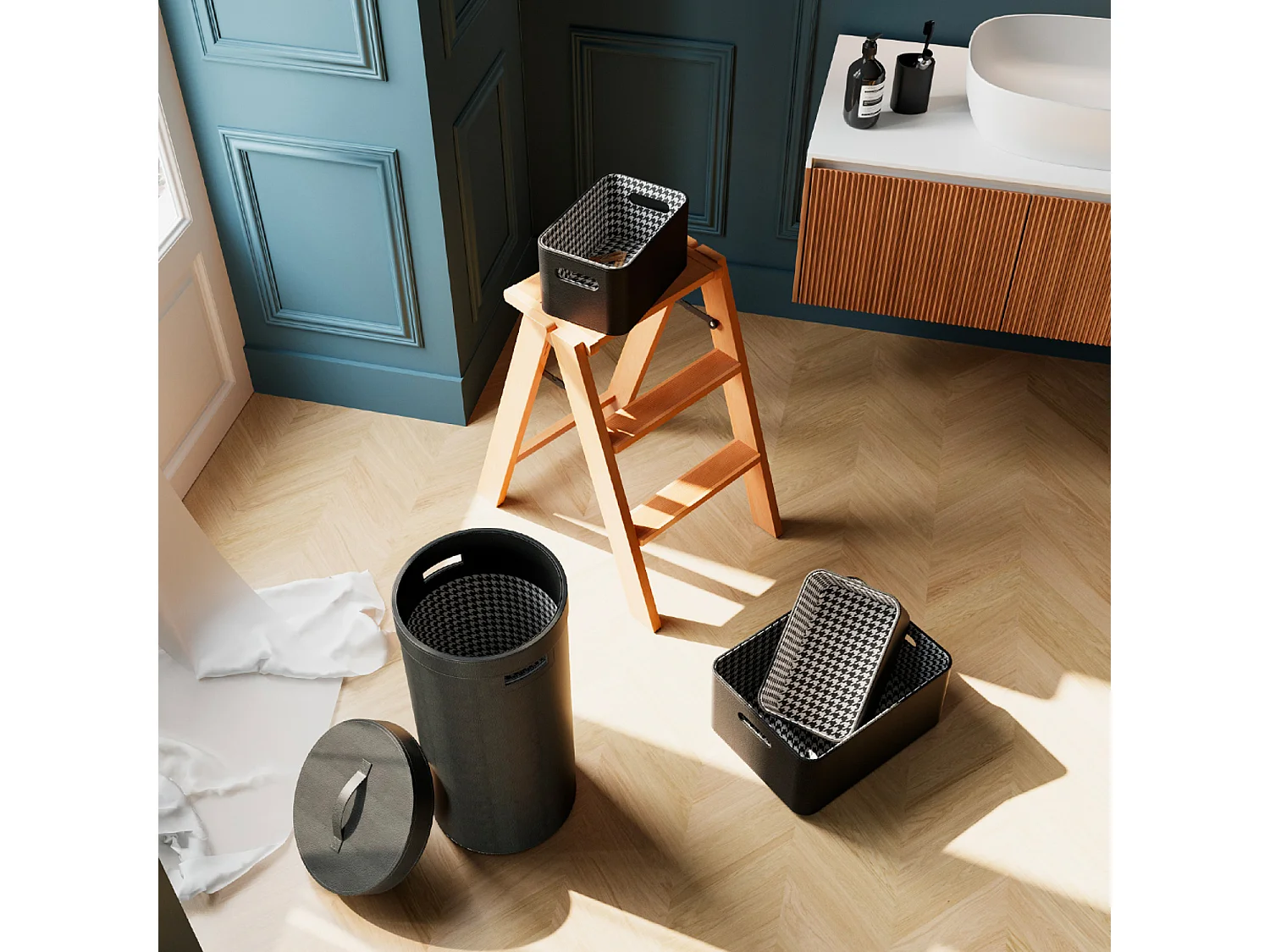 Hudson wasmand 30L van zwart of wit gestructureerd kunstleer, smal design met verborgen deksel