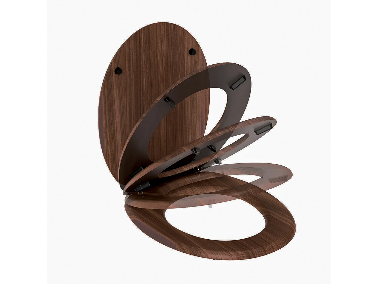 MDF WC-bril FSC notenhoutlook met softclose en afneembare graphite metalen scharnieren