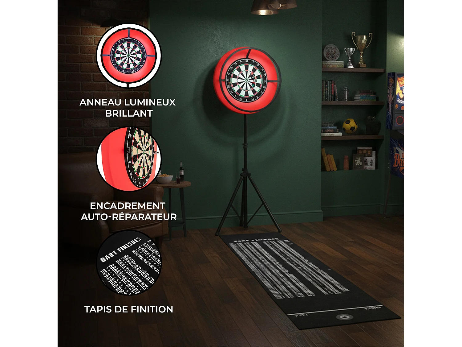 Cible Fléchettes Anneau LED Couronne Autoréparante Trépied Réglable Accessoires