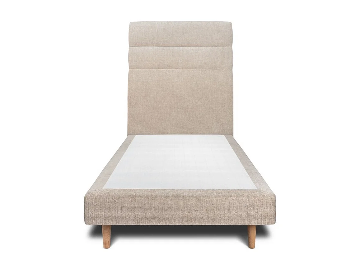 Lit 90x190cm avec tête de lit lignes tissu et sommier tapissier beige brun - Hauteur totale : 29cm