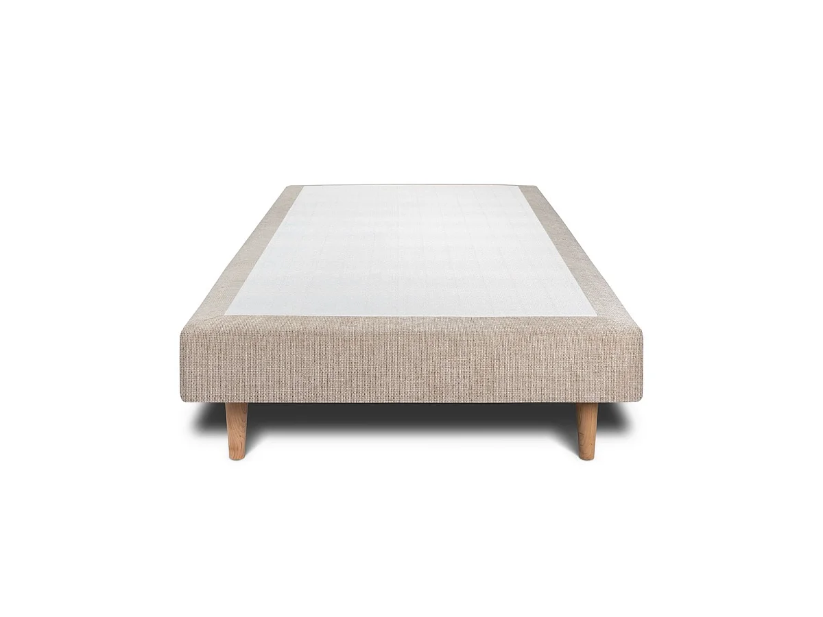 Lit 90x190cm avec tête de lit lignes tissu et sommier tapissier beige brun - Hauteur totale : 29cm