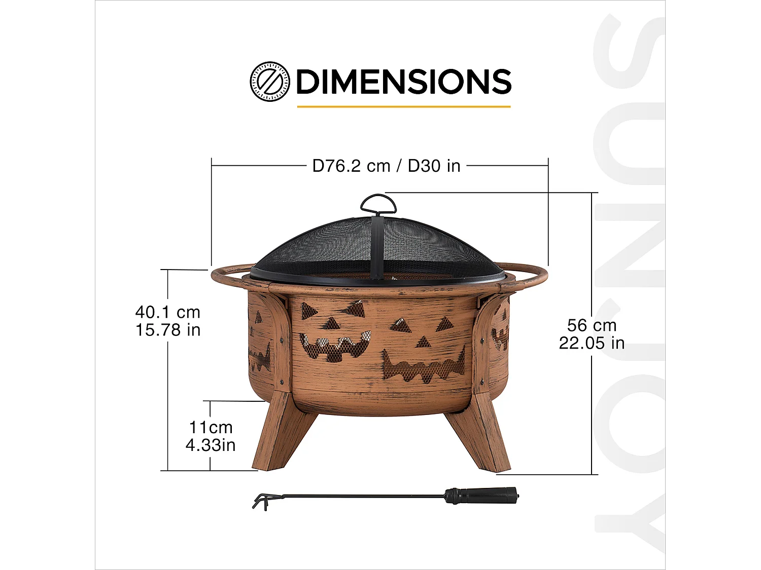 Cheminée HEKLA 76 cm en acier cuivré avec pare-étincelles et tisonnier, Foyer pour Noël- Motif citrouille d'Halloween