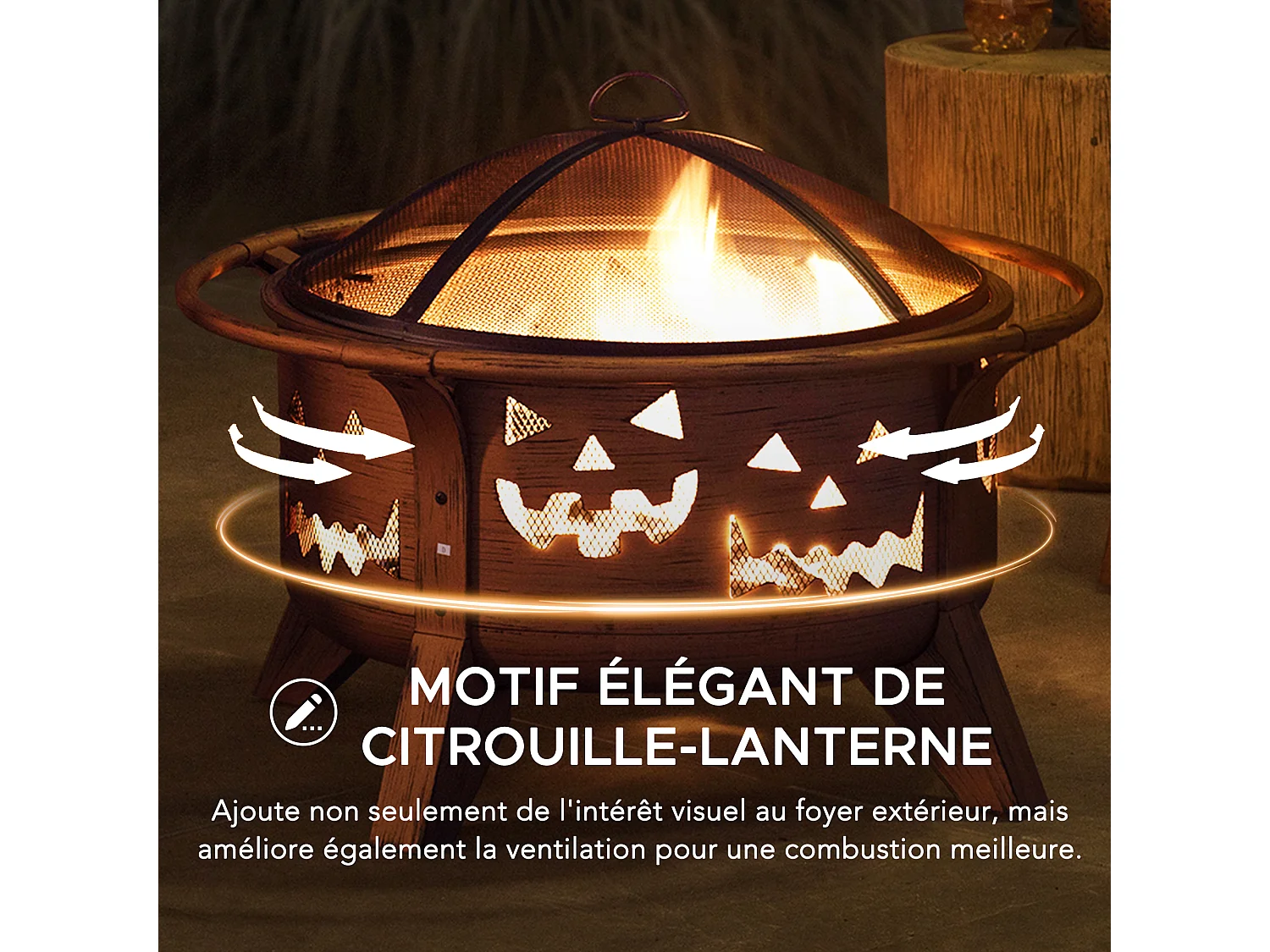 Cheminée HEKLA 76 cm en acier cuivré avec pare-étincelles et tisonnier, Foyer pour Noël- Motif citrouille d'Halloween