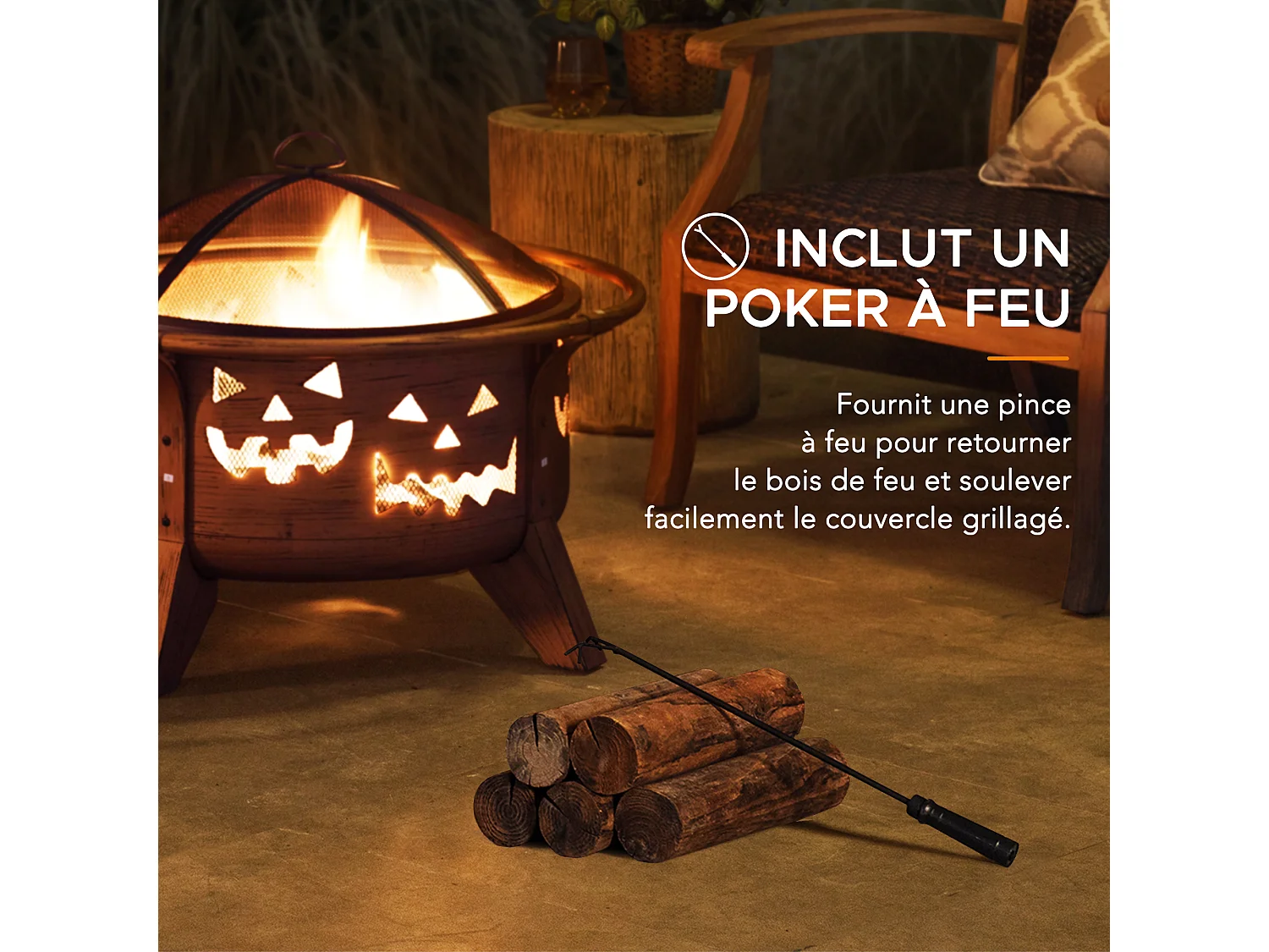 Cheminée HEKLA 76 cm en acier cuivré avec pare-étincelles et tisonnier, Foyer pour Noël- Motif citrouille d'Halloween
