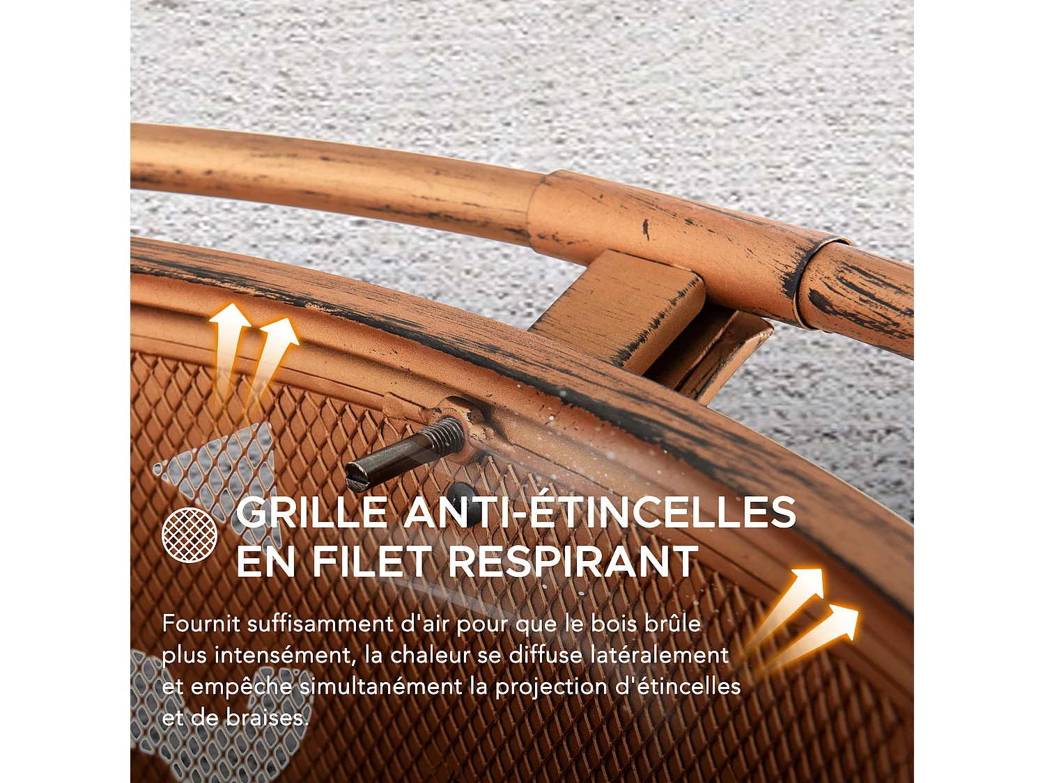 Cheminée HEKLA 76 cm en acier cuivré avec pare-étincelles et tisonnier, Foyer pour Noël- Motif citrouille d'Halloween