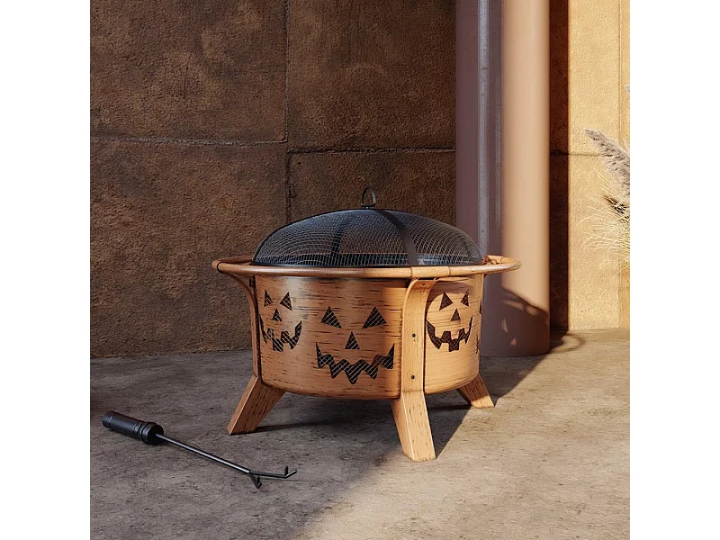 Cheminée HEKLA 76 cm en acier cuivré avec pare-étincelles et tisonnier, Foyer pour Noël- Motif citrouille d'Halloween