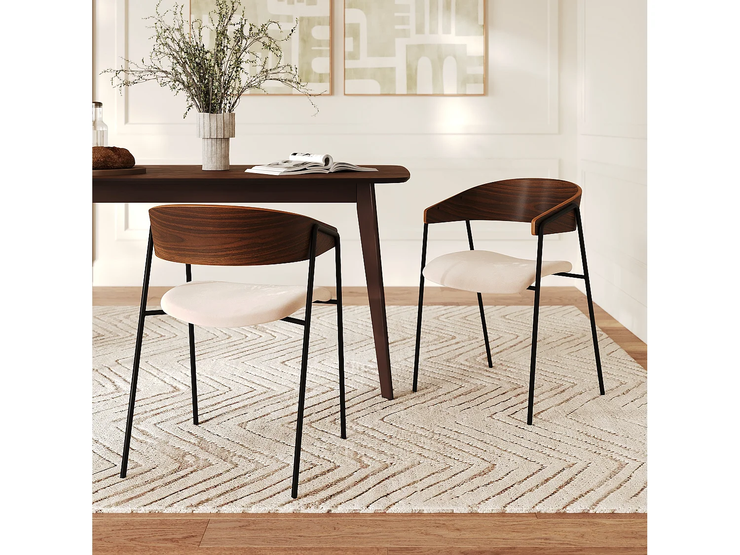 Lote de 2 sillas de terciopelo blanco roto y madera de nogal - Esmée