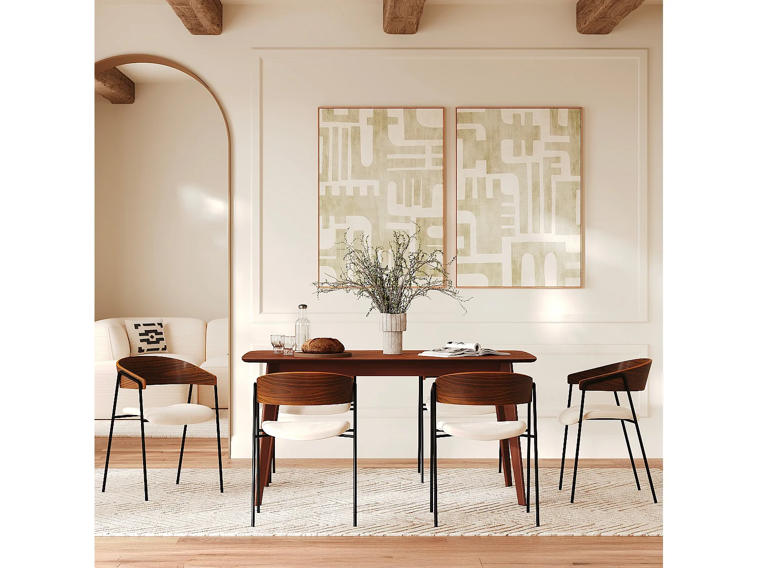 Lote de 2 sillas de terciopelo blanco roto y madera de nogal - Esmée