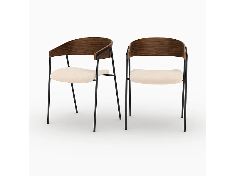 Lot de 2 chaises en velours blanc cassé et bois de noyer - Esmée