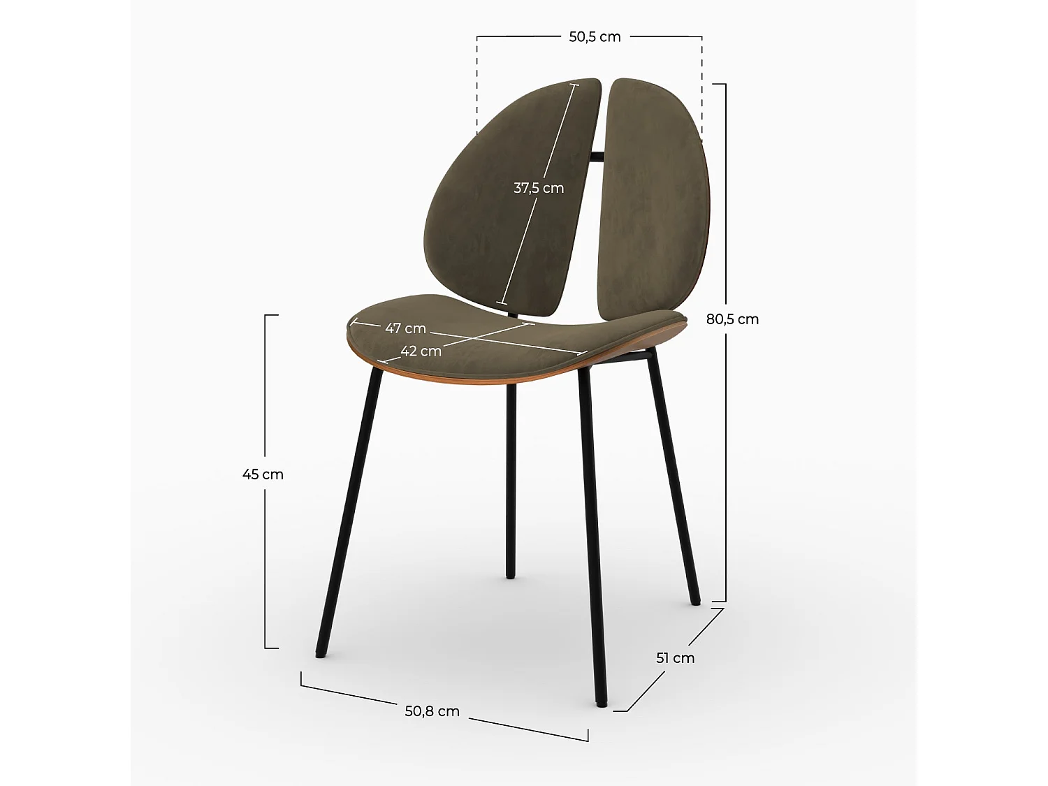 Chaise en velours kaki et bois de noyer - Coccinelle