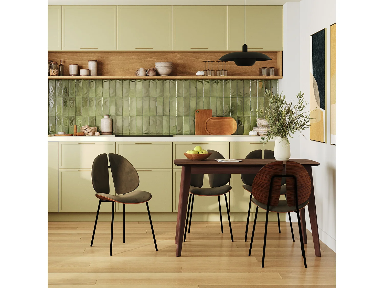 Chaise en velours kaki et bois de noyer - Coccinelle
