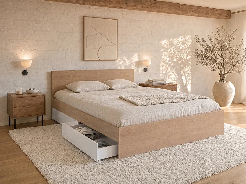 Seng med 2 skuffer 140 x 190 cm - farve: Naturlig og beige + sengebund - VELONA