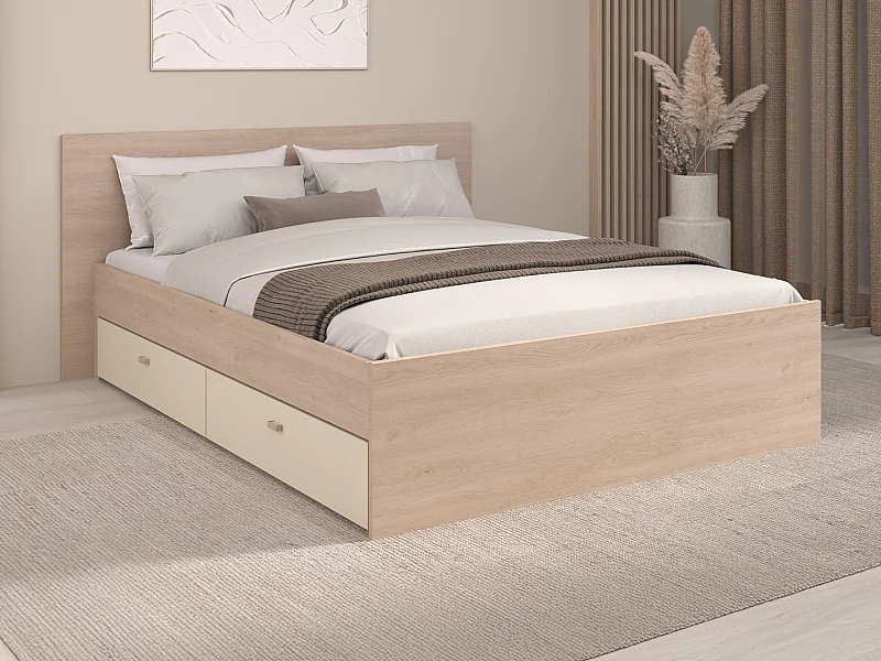 Lit avec 2 tiroirs 140 x 190 cm -  coloris : Naturel et beige + Sommier + Matelas - VELONA