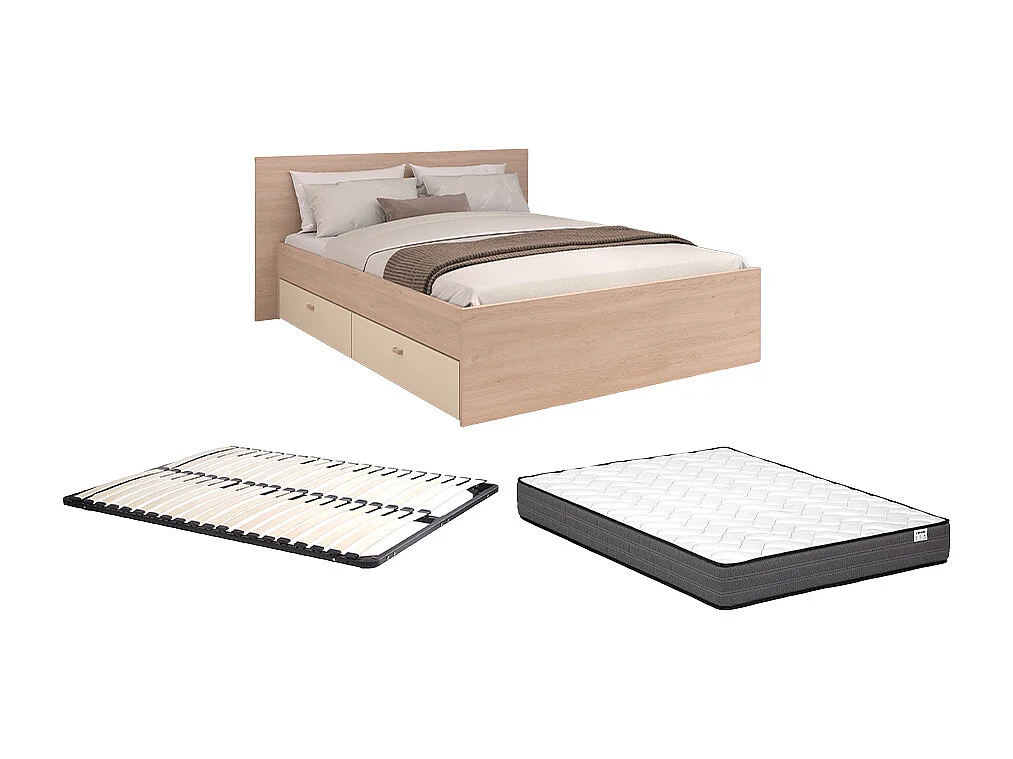 Lit avec 2 tiroirs 160 x 200 cm -  coloris : Naturel et beige + Sommier + Matelas - VELONA