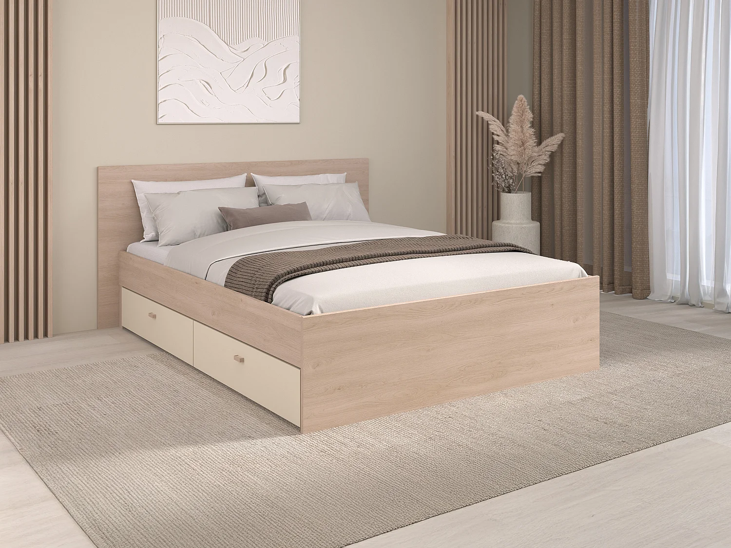 Lit avec 4 tiroirs 140 x 190 cm -  coloris : Naturel et beige - VELONA