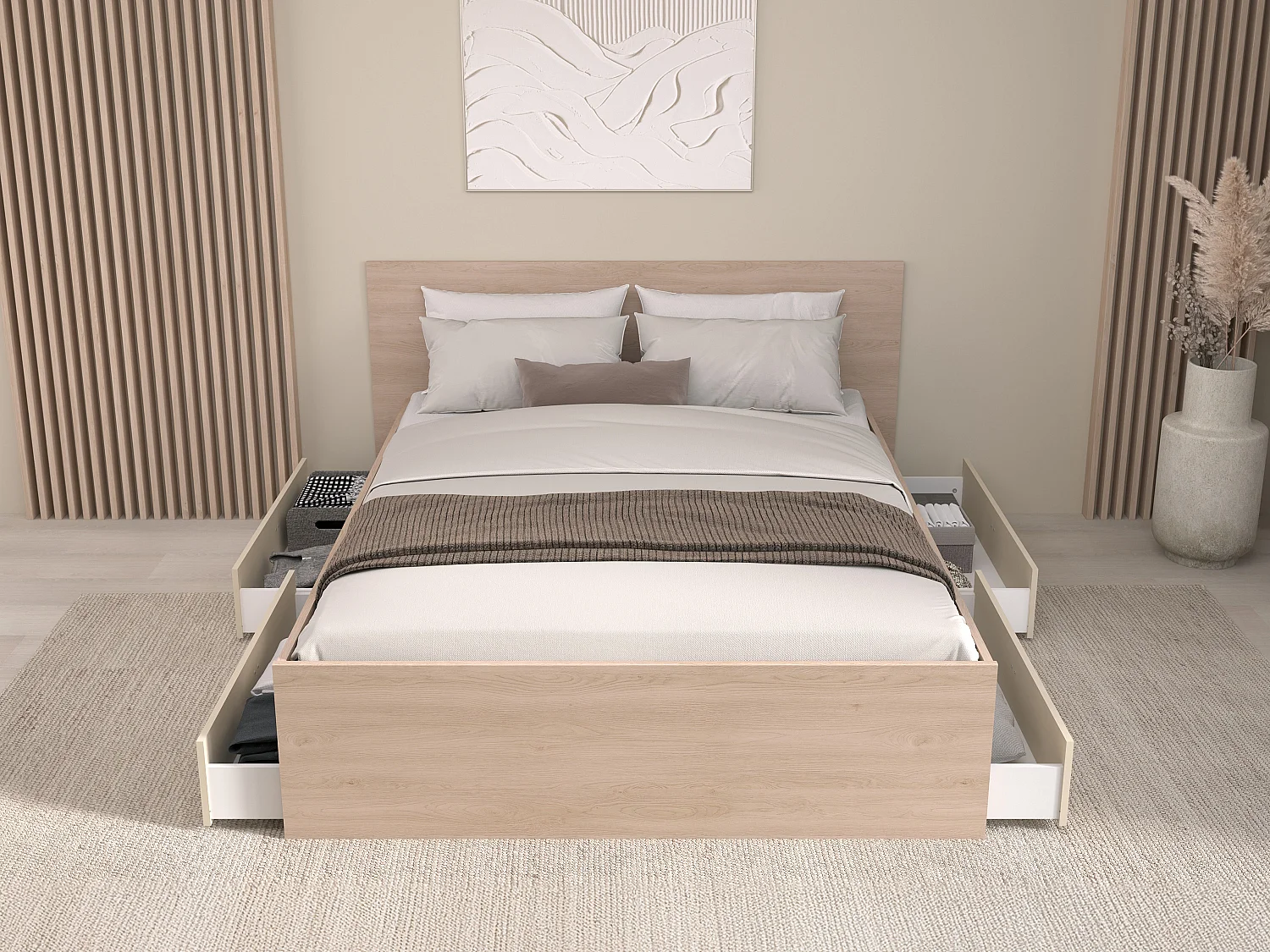 Lit avec 4 tiroirs 160 x 200 cm -  coloris : Naturel et beige + Sommier + Matelas - VELONA