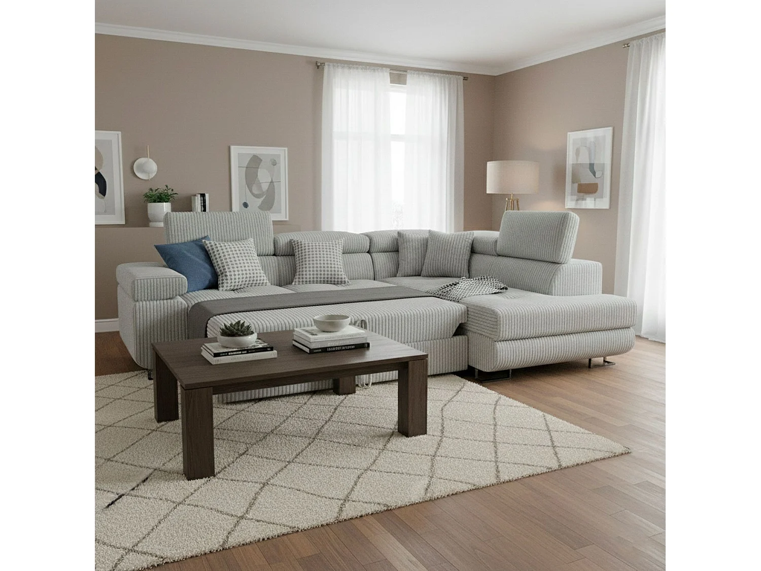 Canapé d'angle convertible Antoni avec têtières relevables angle à droite Velours côtelé Gris