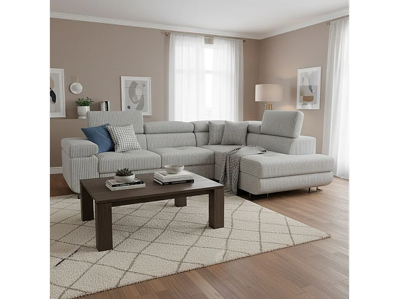 Canapé d'angle convertible Antoni avec têtières relevables angle à droite Velours côtelé Gris