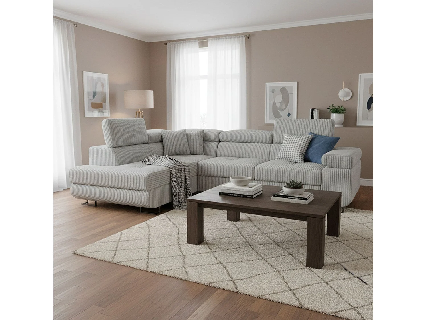 Canapé d'angle convertible Antoni avec têtières relevables angle à gauche Velours côtelé Gris