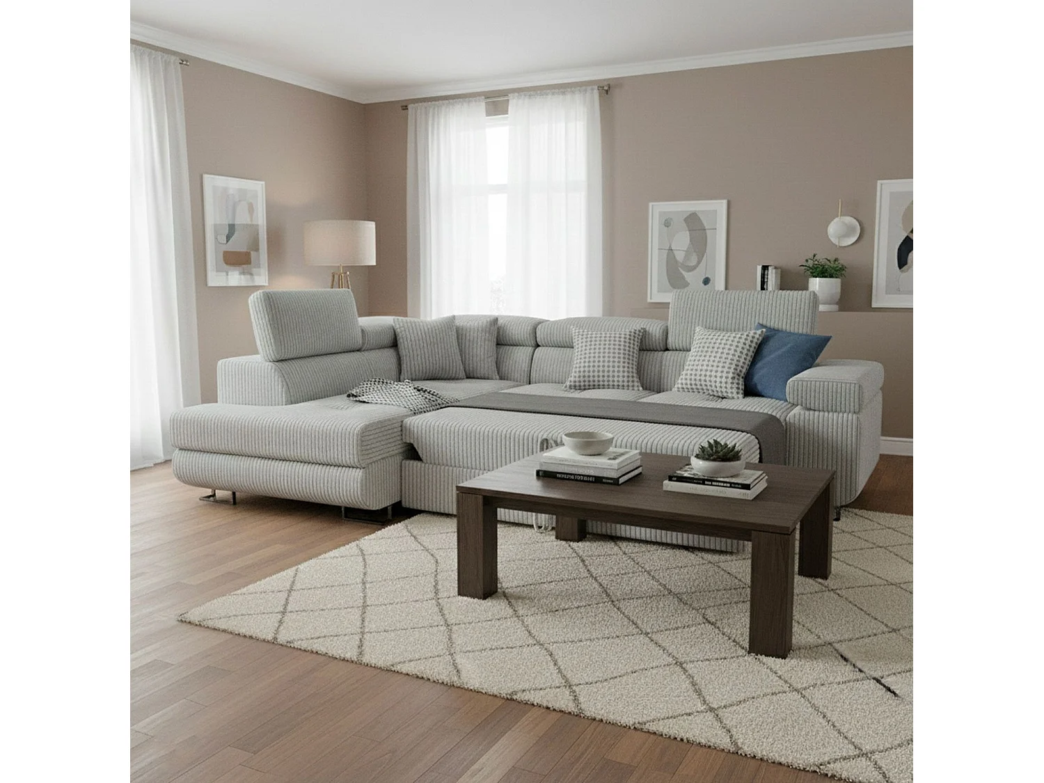 Canapé d'angle convertible Antoni avec têtières relevables angle à gauche Velours côtelé Gris