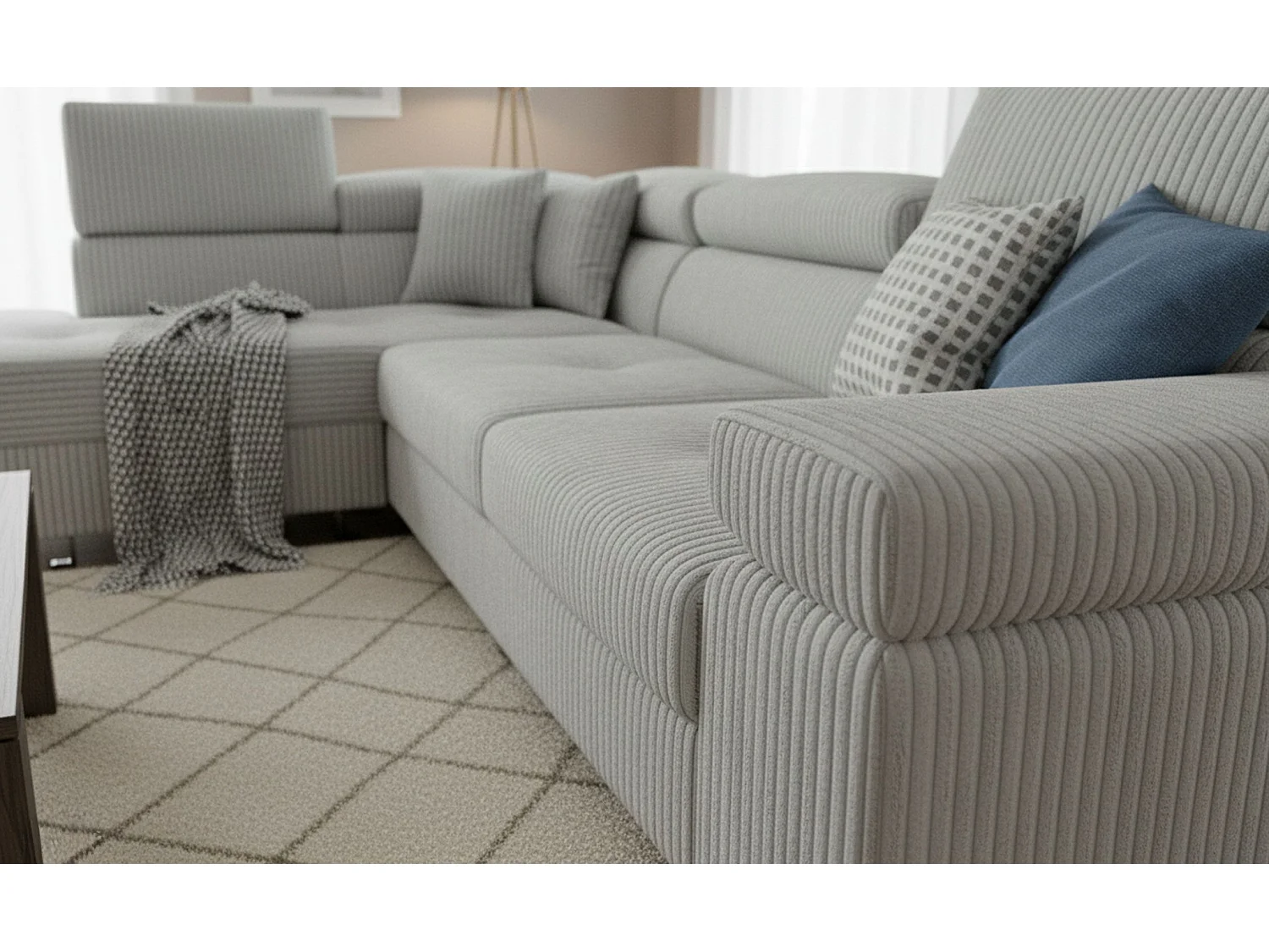 Canapé d'angle convertible Antoni avec têtières relevables angle à gauche Velours côtelé Gris