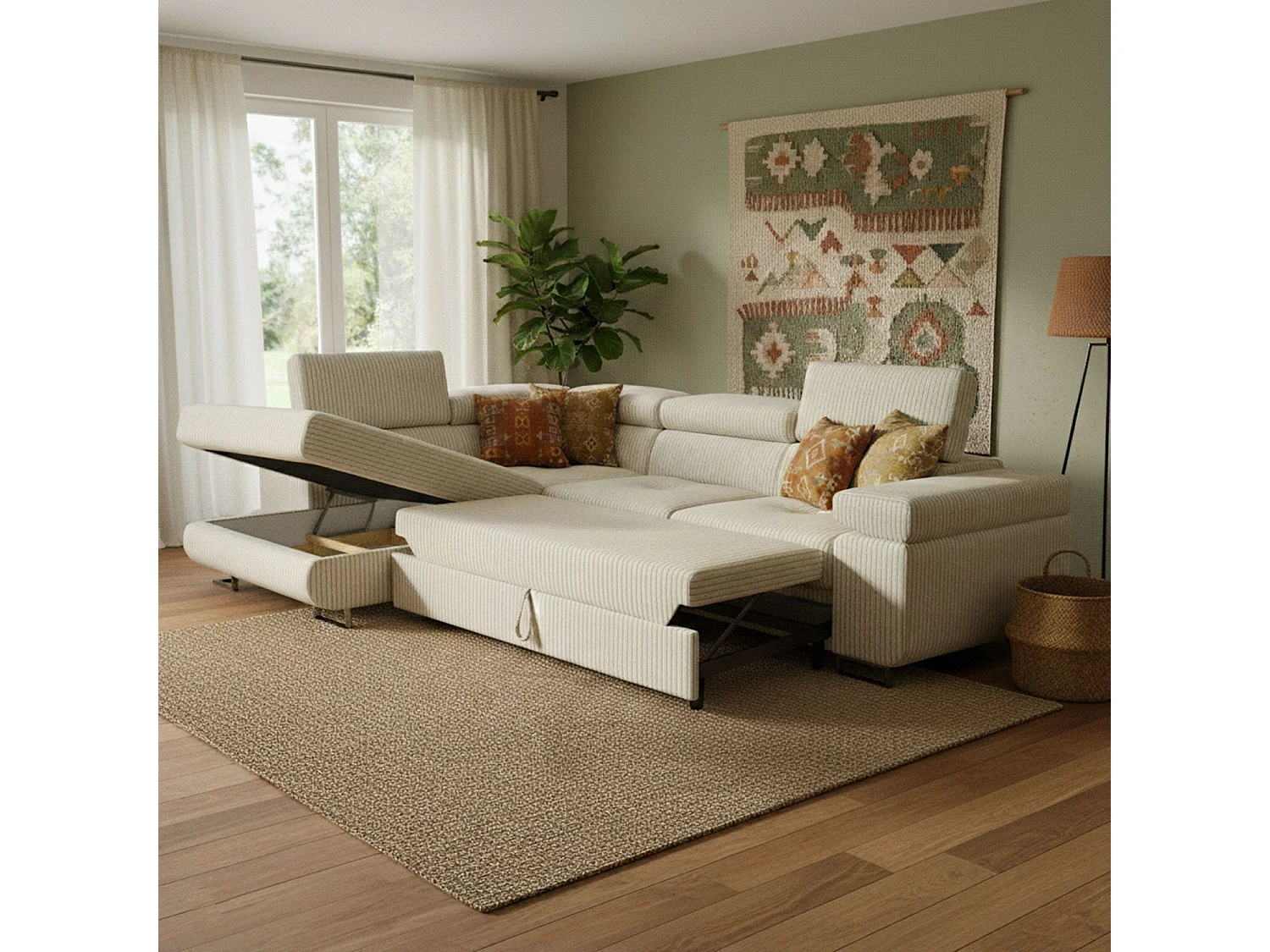 Canapé d'angle convertible 3 places avec tetieres en velours beige