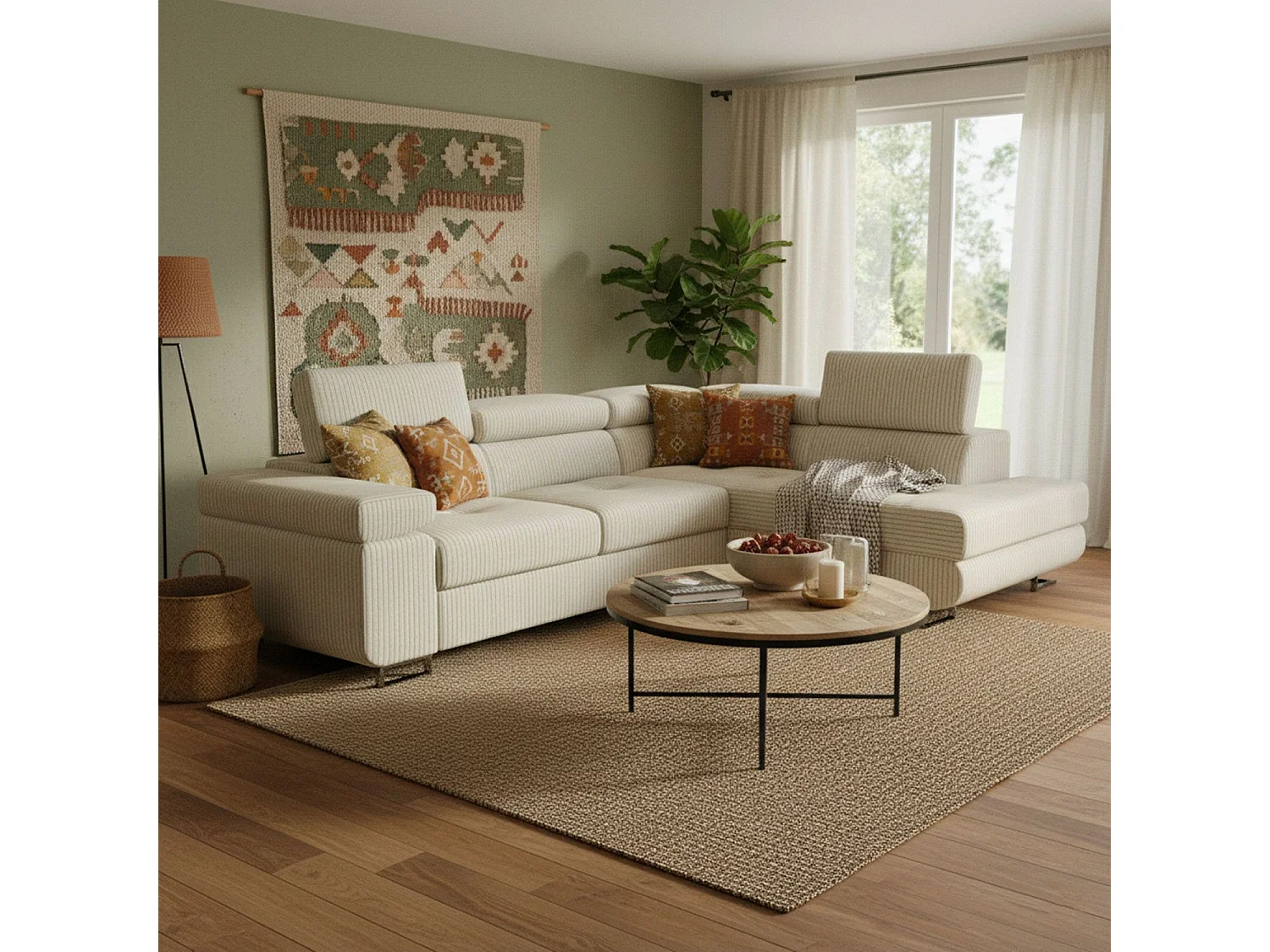 Canapé d'angle convertible Antoni avec têtières relevables angle à droite Velours côtelé Beige