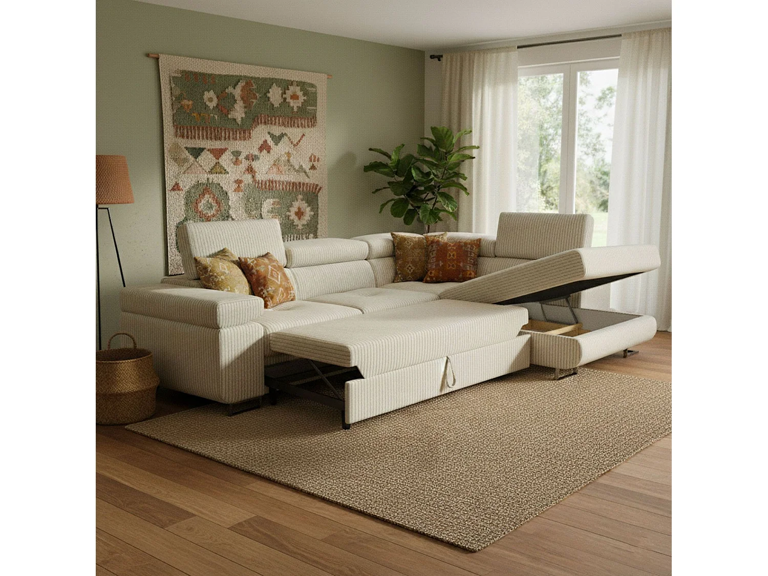 Canapé d'angle convertible 3 places avec tetieres en velours beige