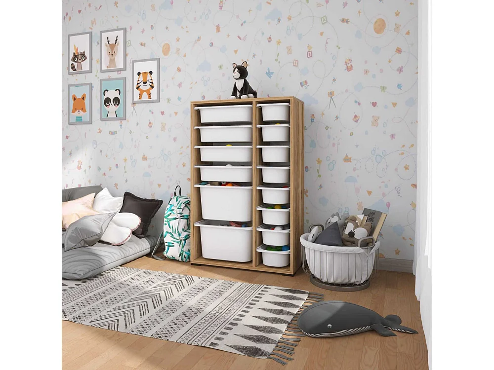 Meuble de rangement 14 tiroirs Rine Noyer et blanc