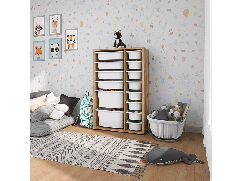 Meuble de rangement 14 tiroirs Rine Noyer et blanc