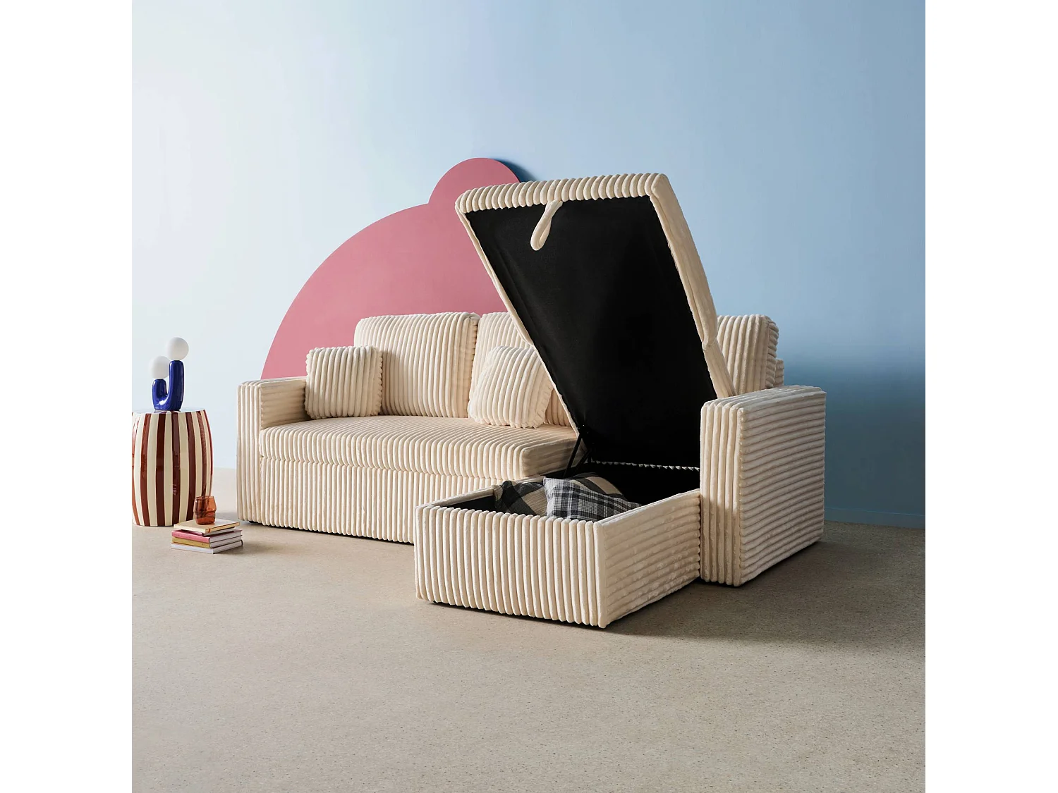 Canapé d'angle réversible convertible en tissu effet fourrure blanc crème avec coffre de rangement - Ida