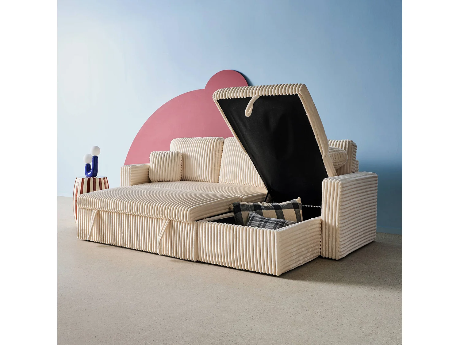 Canapé d'angle réversible convertible en tissu effet fourrure blanc crème avec coffre de rangement - Ida