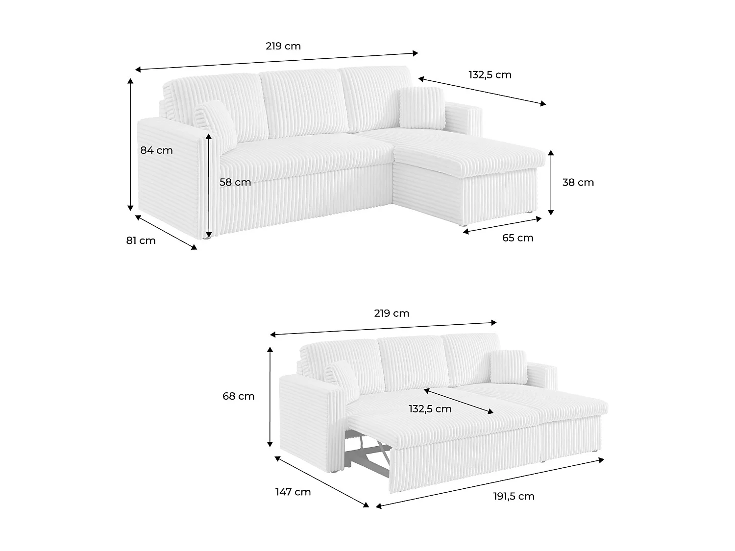 Canapé d'angle réversible convertible en tissu effet fourrure blanc crème avec coffre de rangement - Ida