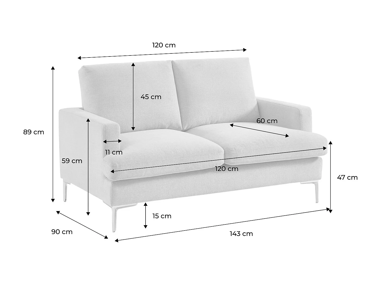 Canapé 2 places en tissu blanc cassé L 143 x P 90 x H 89cm - Hans