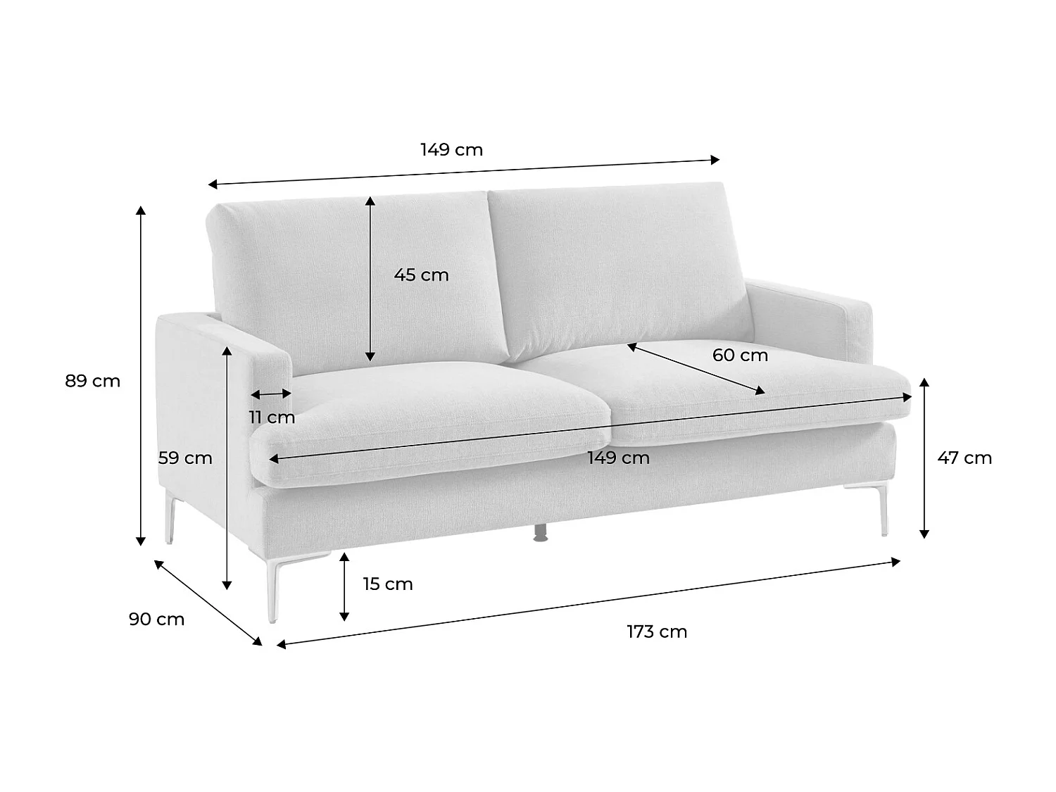 Canapé 3 places en tissu gris clair L 173 x P 90 x H 89cm - Hans