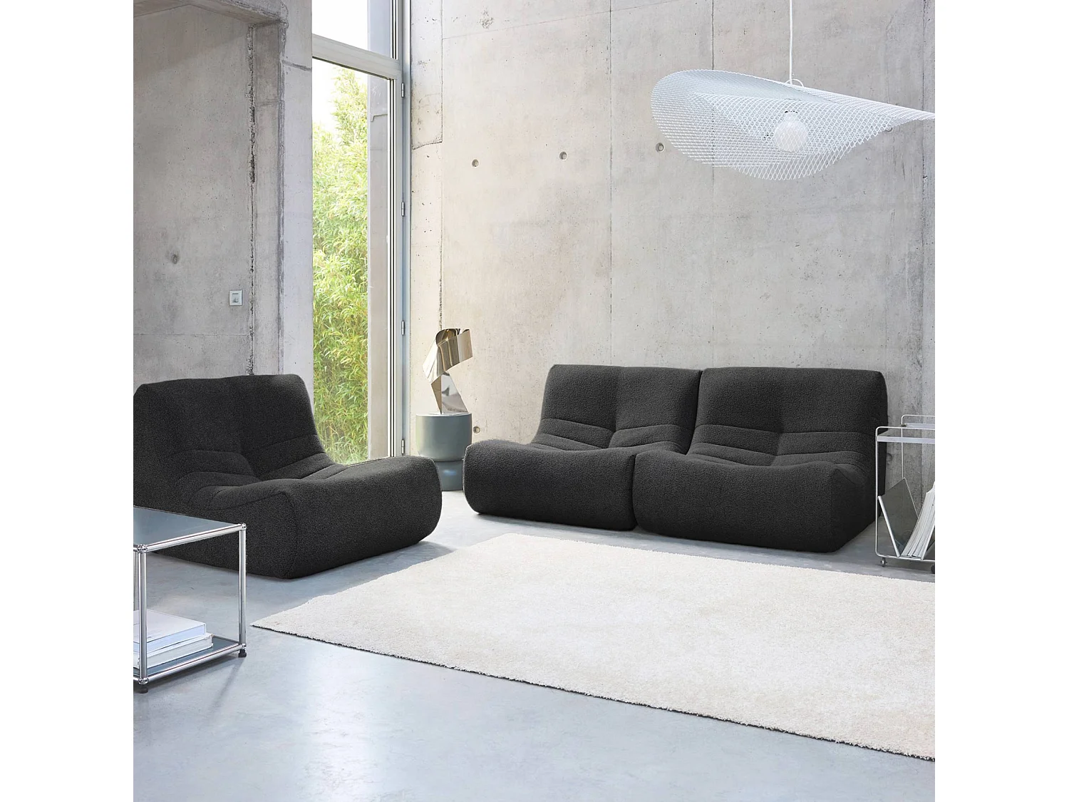 Lot de 3 fauteuils chauffeuses en bouclette texturée noir style contemporain 1 place