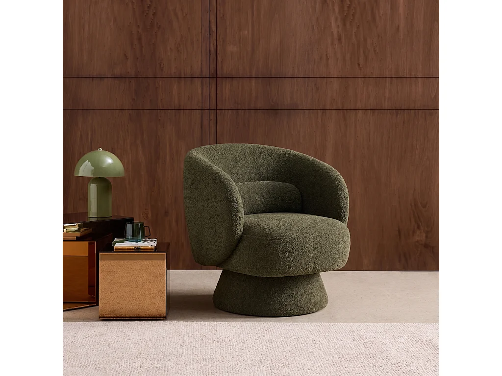 Fauteuil pivotant. rotatif 360° en tissu avec coussin kaki - L 76 x P 76 x H 76.5cm - Elias
