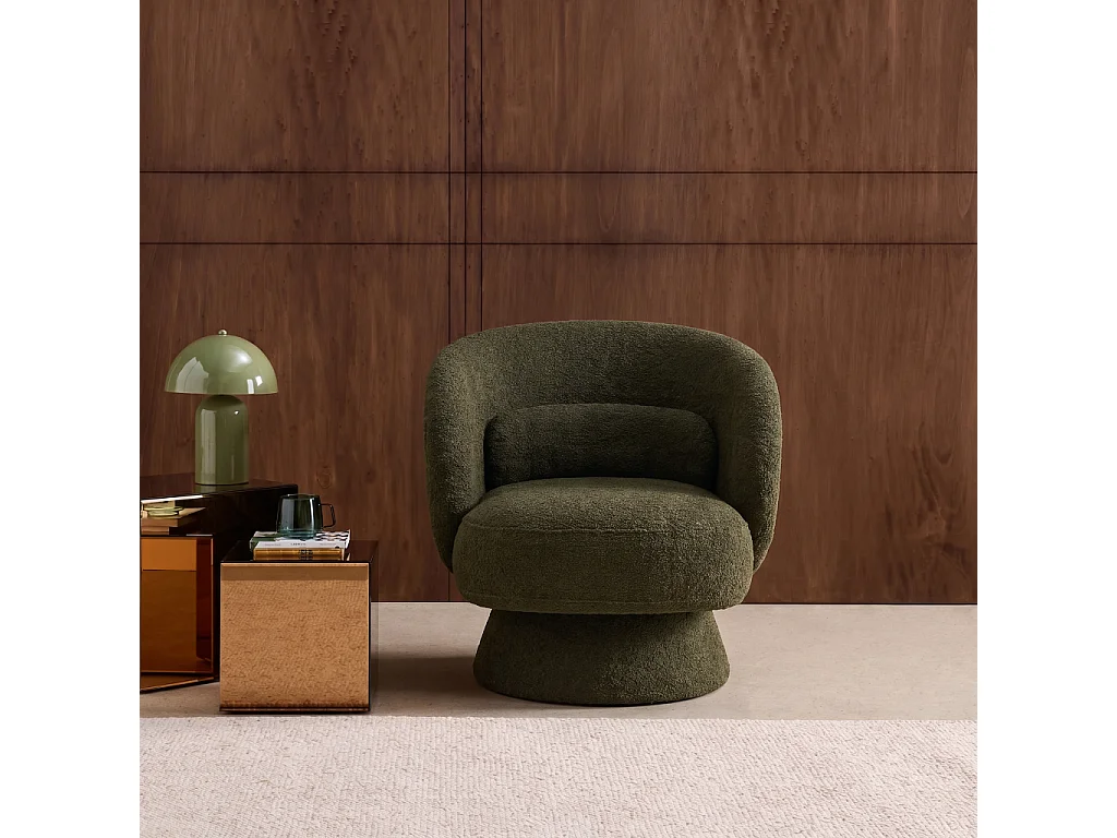 Fauteuil pivotant. rotatif 360° en tissu avec coussin kaki - L 76 x P 76 x H 76.5cm - Elias