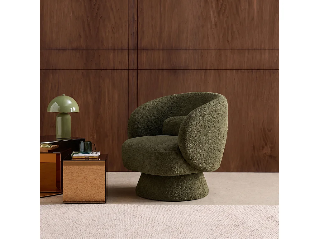 Fauteuil pivotant. rotatif 360° en tissu avec coussin kaki - L 76 x P 76 x H 76.5cm - Elias