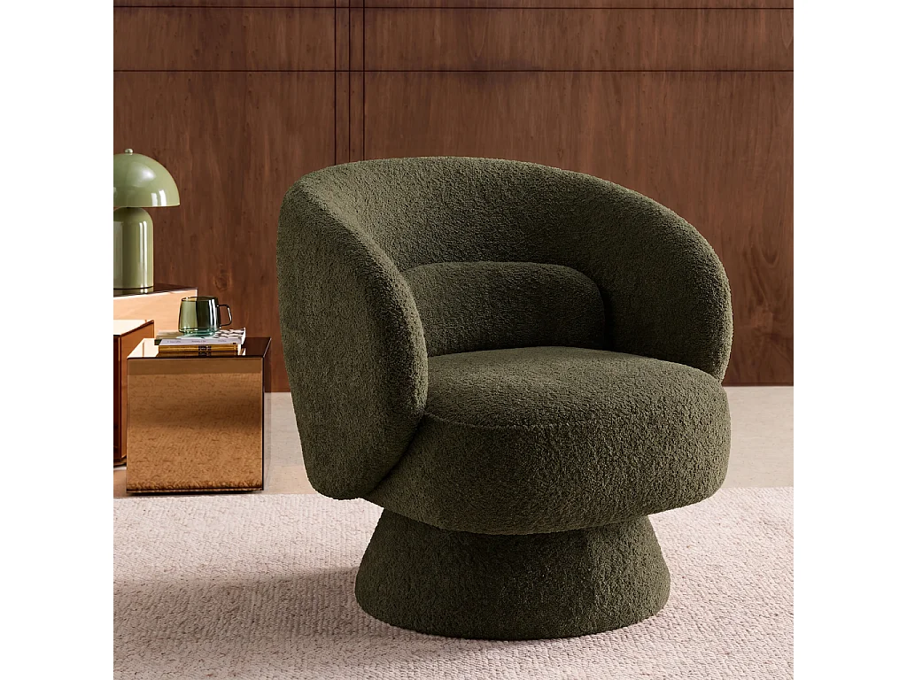 Fauteuil pivotant. rotatif 360° en tissu avec coussin kaki - L 76 x P 76 x H 76.5cm - Elias
