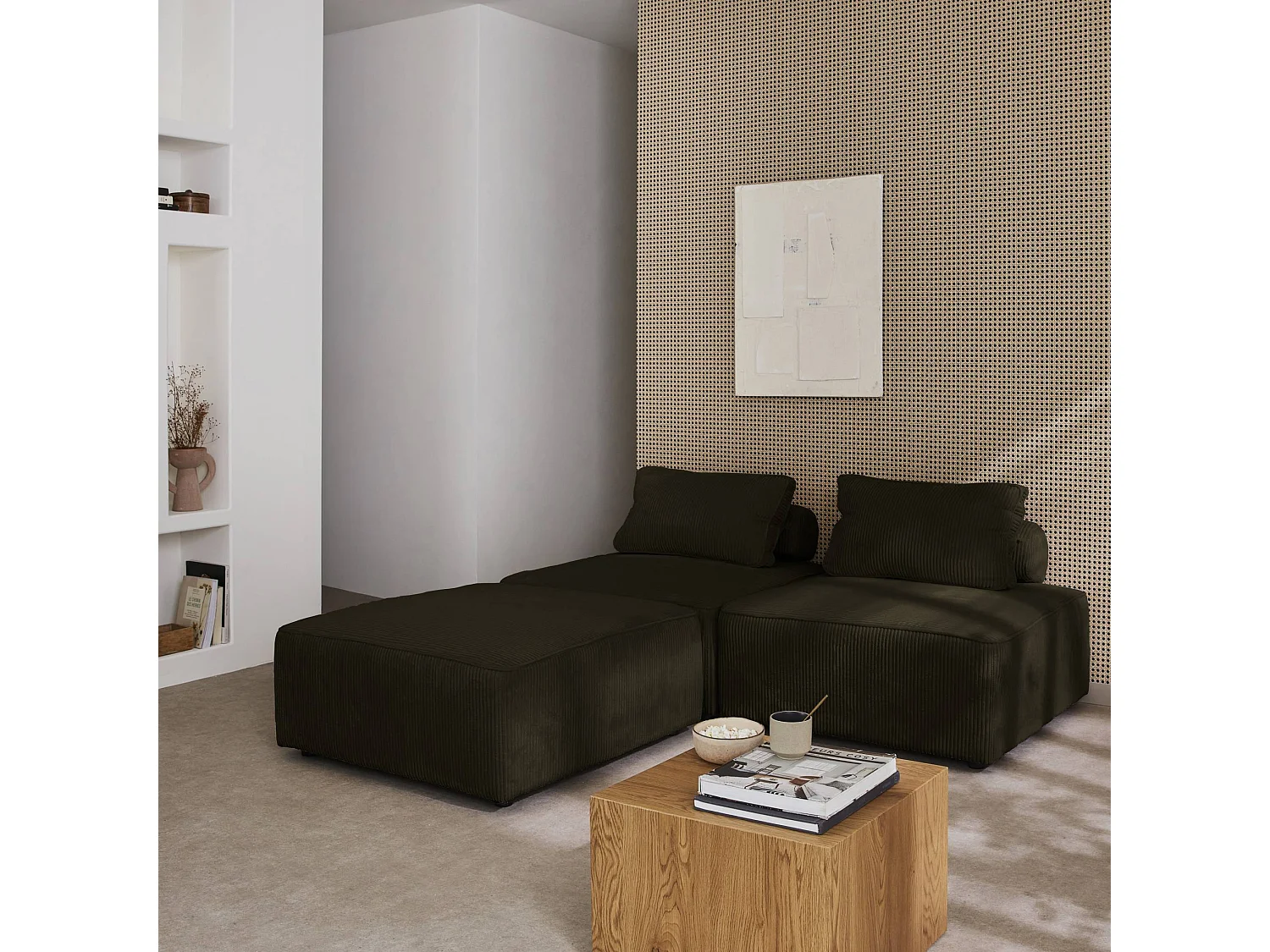 Sofá modular de pana, 3 plazas verde oscuro