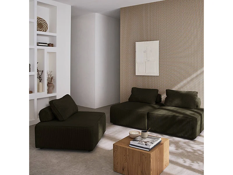 Lot de 3 chauffeuses pour canapé modulables velours côtelé vert foncé avec un coussin