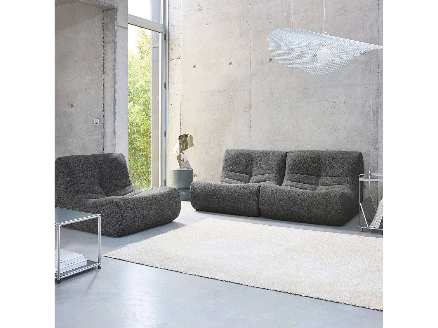 Lot de 3 fauteuils chauffeuses en bouclette texturée anthracite style contemporain 1 place