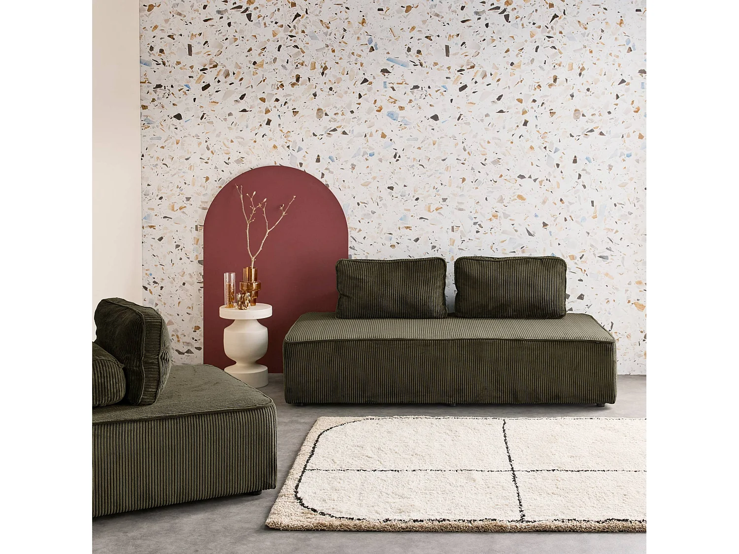 Sofá modular de pana, 3 plazas verde oscuro